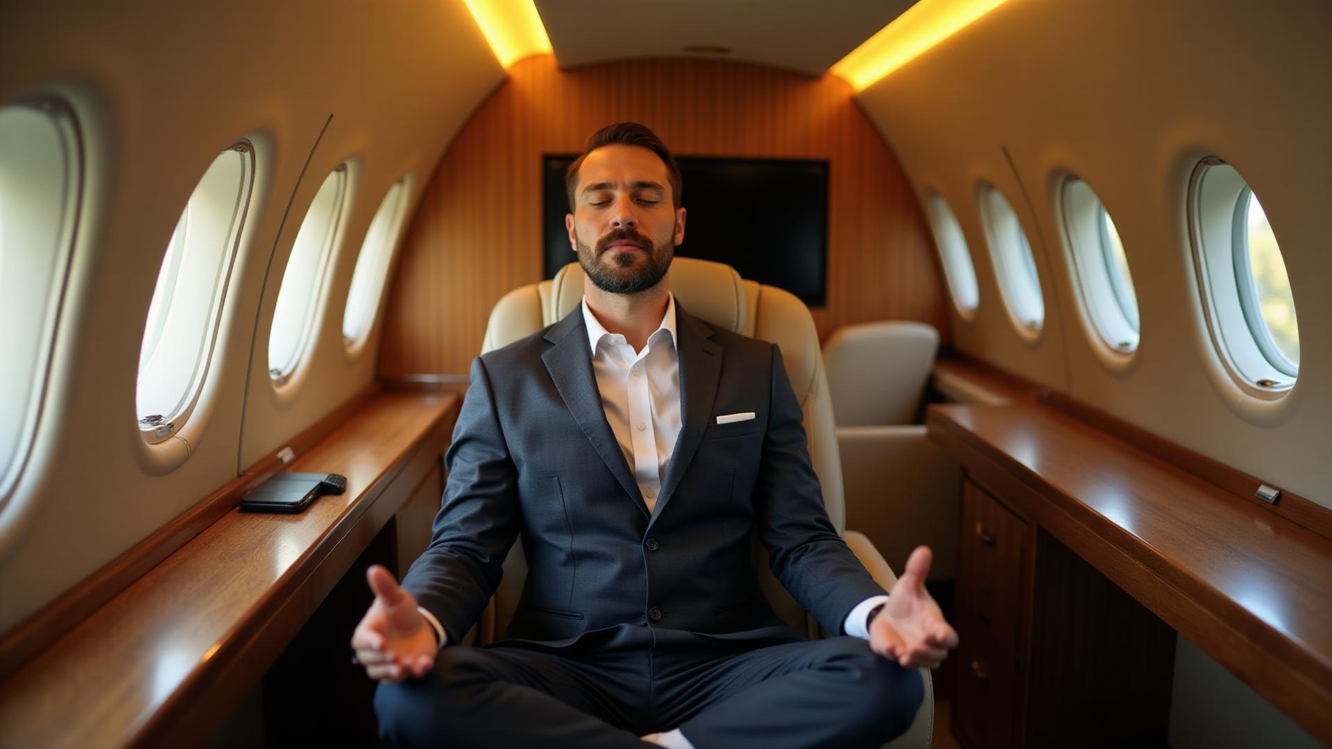 Peaceful businessman meditating in private jet