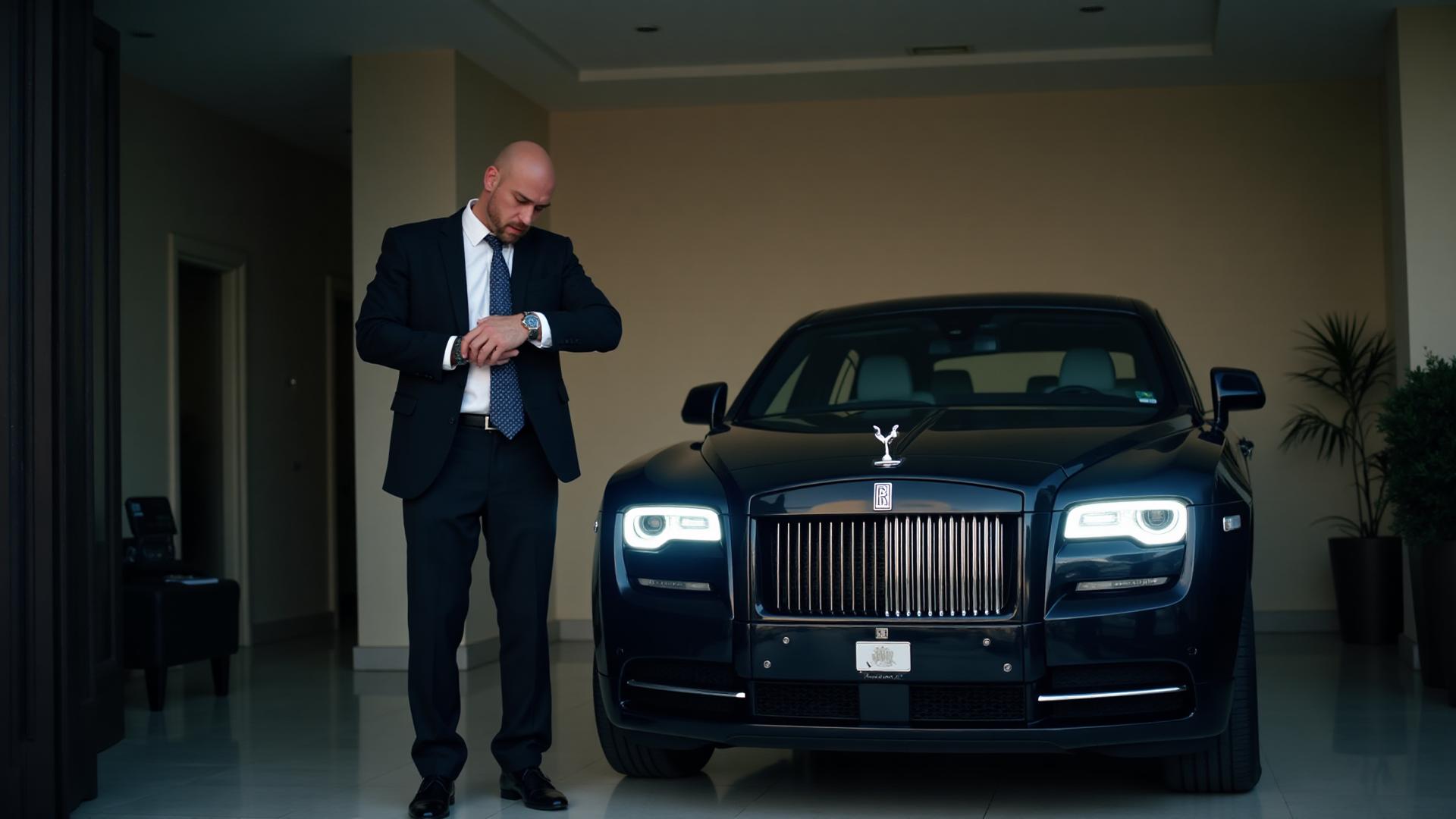 Stressed businessman with Rolls Royce